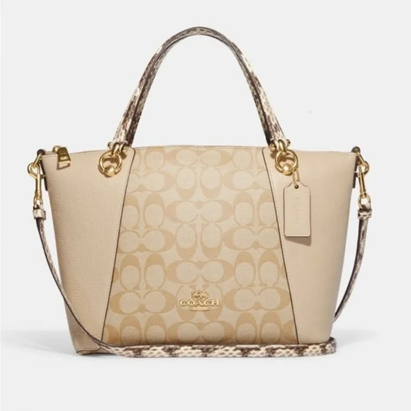 COACH Kacey Satchel Signature Crossbody Handbag Cream Snake Leather Exotic - Picture 2 of 13